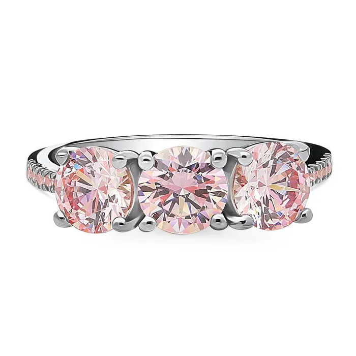 BERRICLE Rings 3Stone Morganite Color CZ Ring in Sterling Silver 24ct