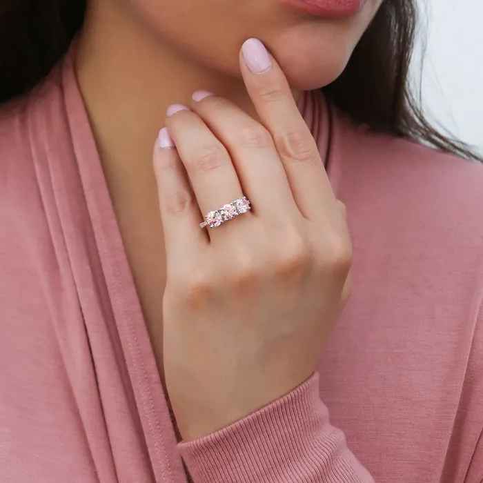 BERRICLE Rings 3Stone Morganite Color CZ Ring in Sterling Silver 24ct