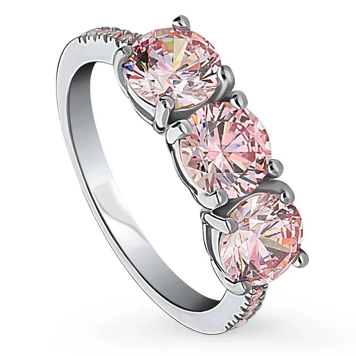 BERRICLE Rings 3Stone Morganite Color CZ Ring in Sterling Silver 24ct