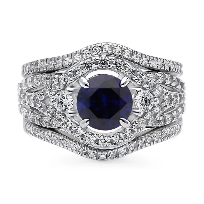 BERRICLE Rings 3Stone Simulated Blue Sapphire CZ Ring Set in Sterling Silver
