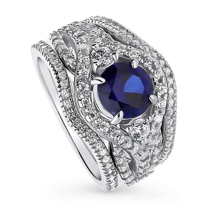 BERRICLE Rings 3Stone Simulated Blue Sapphire CZ Ring Set in Sterling Silver