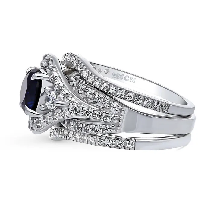 BERRICLE Rings 3Stone Simulated Blue Sapphire CZ Ring Set in Sterling Silver