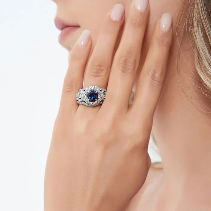 BERRICLE Rings 3Stone Simulated Blue Sapphire CZ Ring Set in Sterling Silver