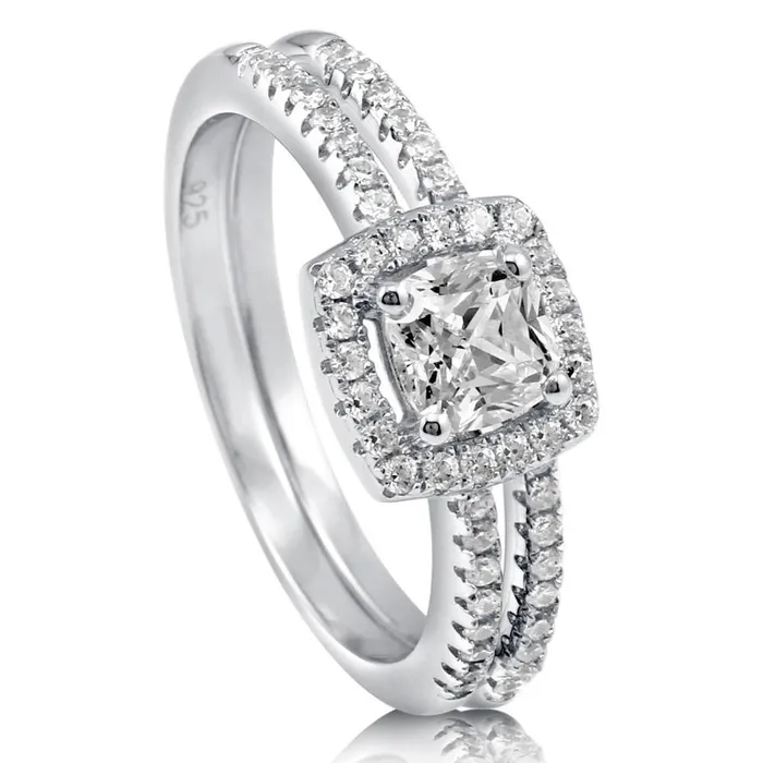 BERRICLE Rings Halo Cushion CZ Ring Set in Sterling Silver