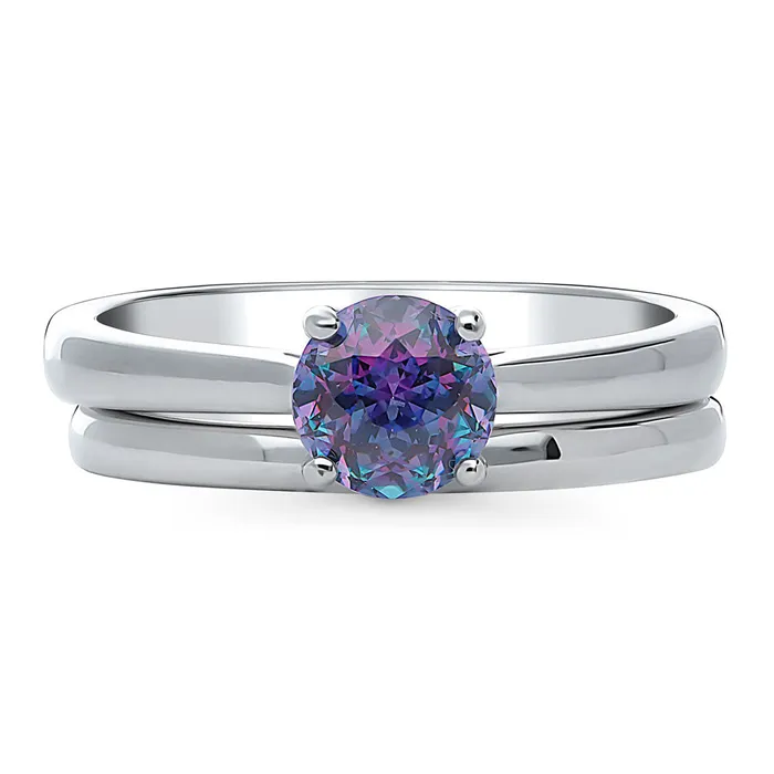BERRICLE Rings Solitaire Kaleidoscope Purple Aqua CZ Ring Set in Sterling Silver