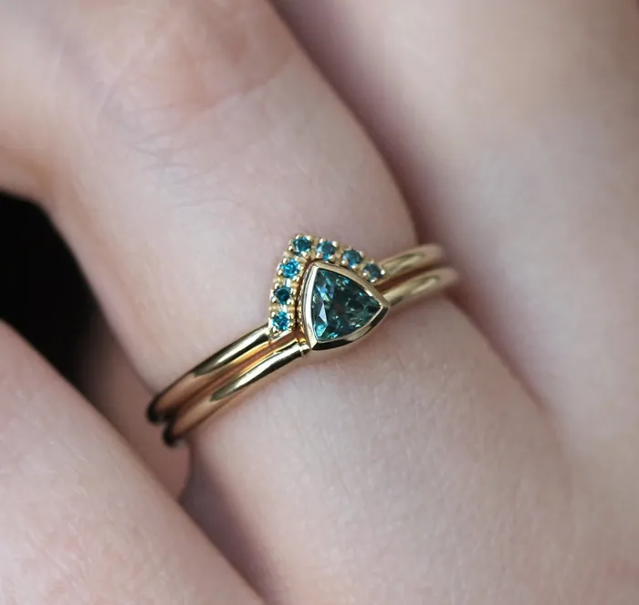 Brooke TrillionCut Teal Sapphire Ring Set Capucinne Rings