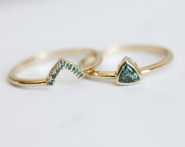 Brooke TrillionCut Teal Sapphire Ring Set Capucinne Rings