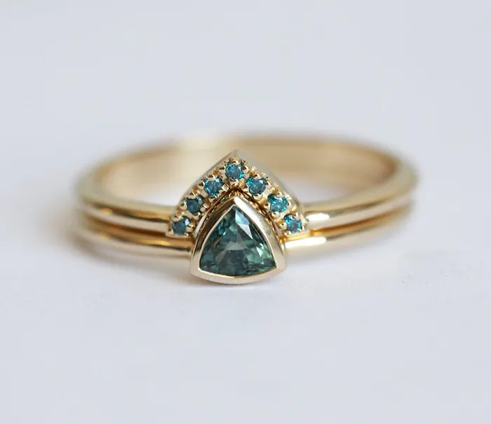 Brooke TrillionCut Teal Sapphire Ring Set Capucinne Rings