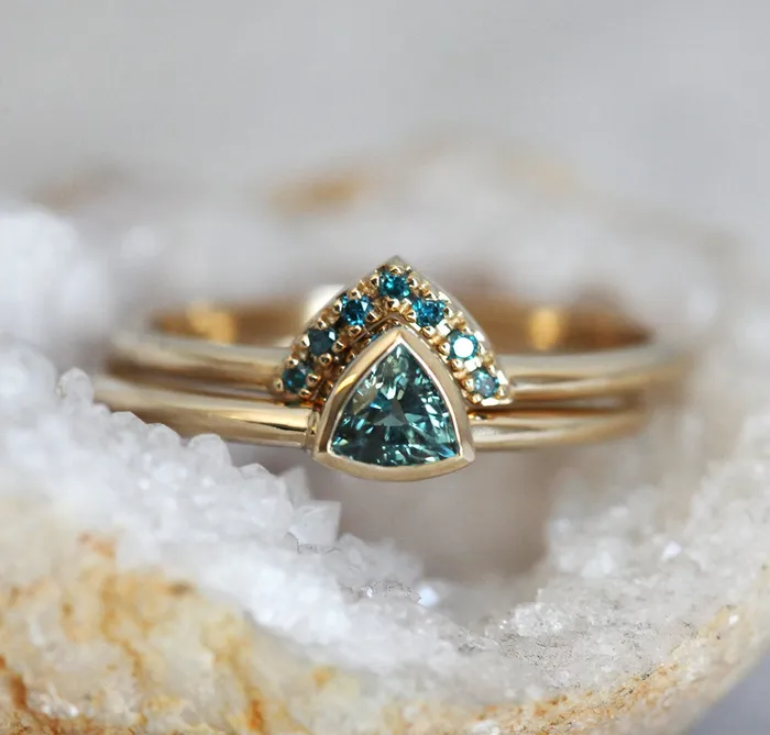 Brooke TrillionCut Teal Sapphire Ring Set Capucinne Rings