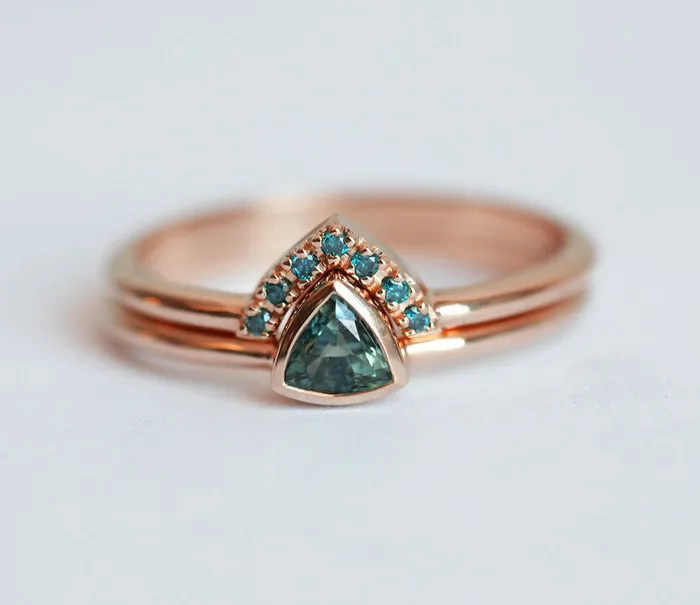 Brooke TrillionCut Teal Sapphire Ring Set Capucinne Rings