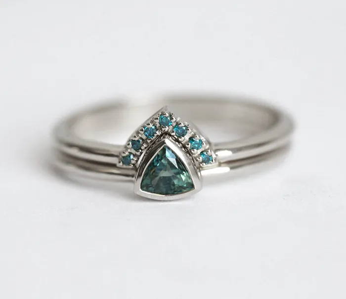 Brooke TrillionCut Teal Sapphire Ring Set Capucinne Rings