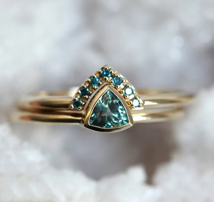 Brooke TrillionCut Teal Sapphire Ring Set Capucinne Rings