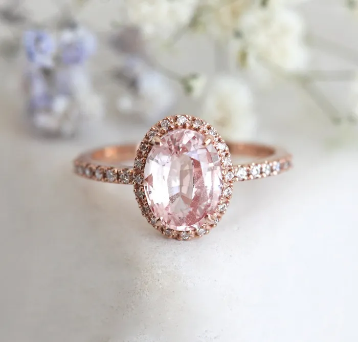 Capucinne Rings Chloe Halo Diamond Oval Peach Sapphire Ring in 14k Rose Gold Capucinne Rings Chloe Halo Diamond Oval Peach Sapphire Ring in 14k Rose Gold