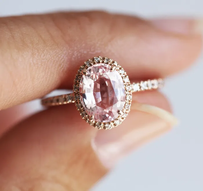 Capucinne Rings Chloe Halo Diamond Oval Peach Sapphire Ring in 14k Rose Gold