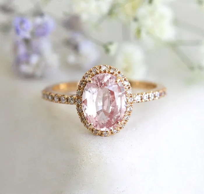 Capucinne Rings Chloe Halo Diamond Oval Peach Sapphire Ring in 14k Rose Gold