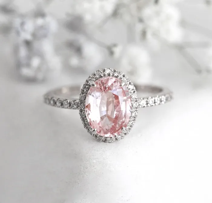 Capucinne Rings Chloe Halo Diamond Oval Peach Sapphire Ring in 14k Rose Gold