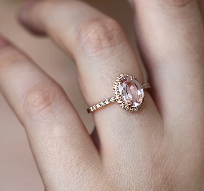 Capucinne Rings Chloe Halo Diamond Oval Peach Sapphire Ring in 14k Rose Gold