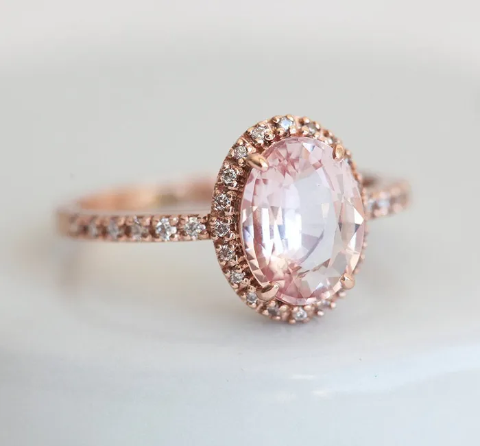 Capucinne Rings Chloe Halo Diamond Oval Peach Sapphire Ring in 14k Rose Gold