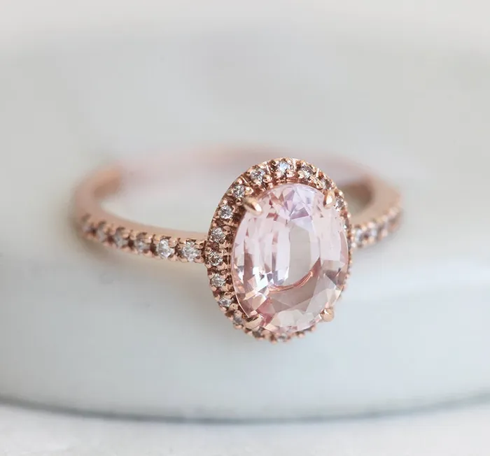Capucinne Rings Chloe Halo Diamond Oval Peach Sapphire Ring in 14k Rose Gold