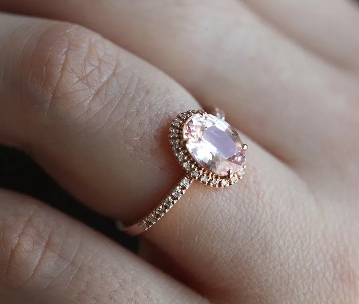 Capucinne Rings Chloe Halo Diamond Oval Peach Sapphire Ring in 14k Rose Gold