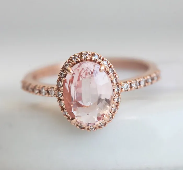 Capucinne Rings Chloe Halo Diamond Oval Peach Sapphire Ring in 14k Rose Gold