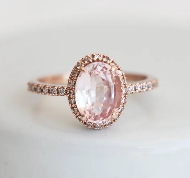Capucinne Rings Chloe Halo Diamond Oval Peach Sapphire Ring in 14k Rose Gold