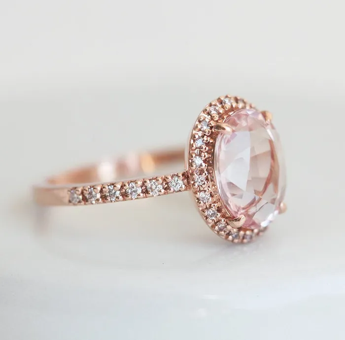 Capucinne Rings Chloe Halo Diamond Oval Peach Sapphire Ring in 14k Rose Gold
