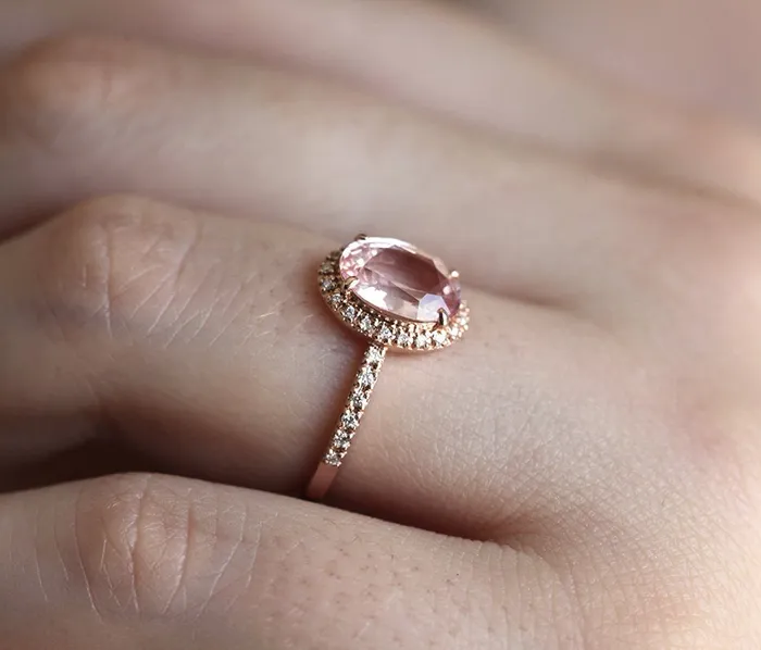 Capucinne Rings Chloe Halo Diamond Oval Peach Sapphire Ring in 14k Rose Gold