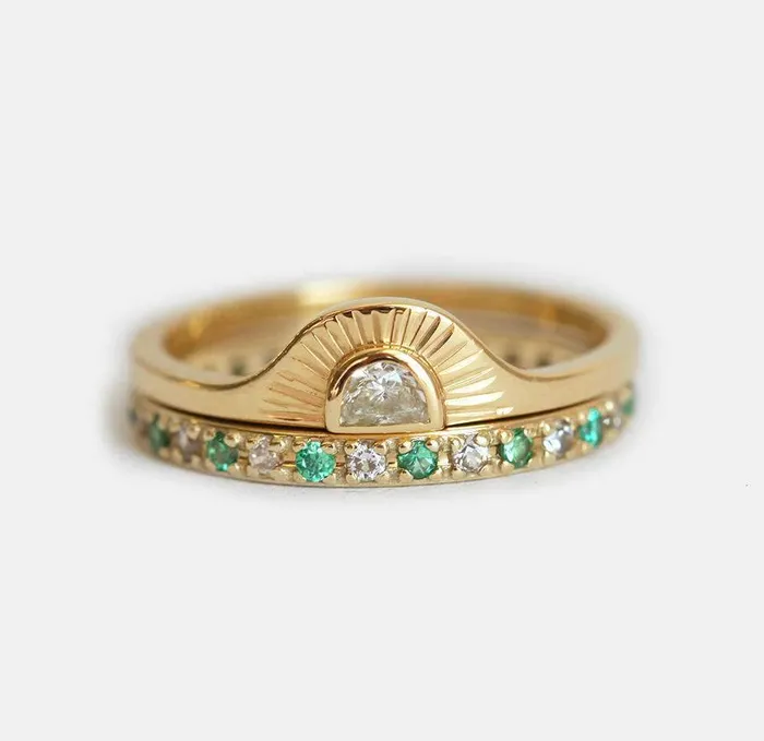 Capucinne Rings Sunrise Diamond Ring Set With Matching Diamond Eternity Band