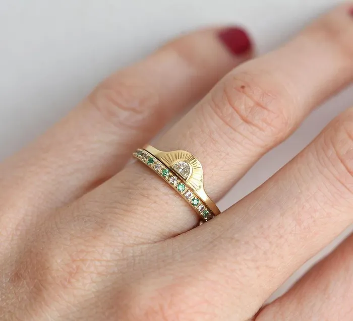 Capucinne Rings Sunrise Diamond Ring Set With Matching Diamond Eternity Band
