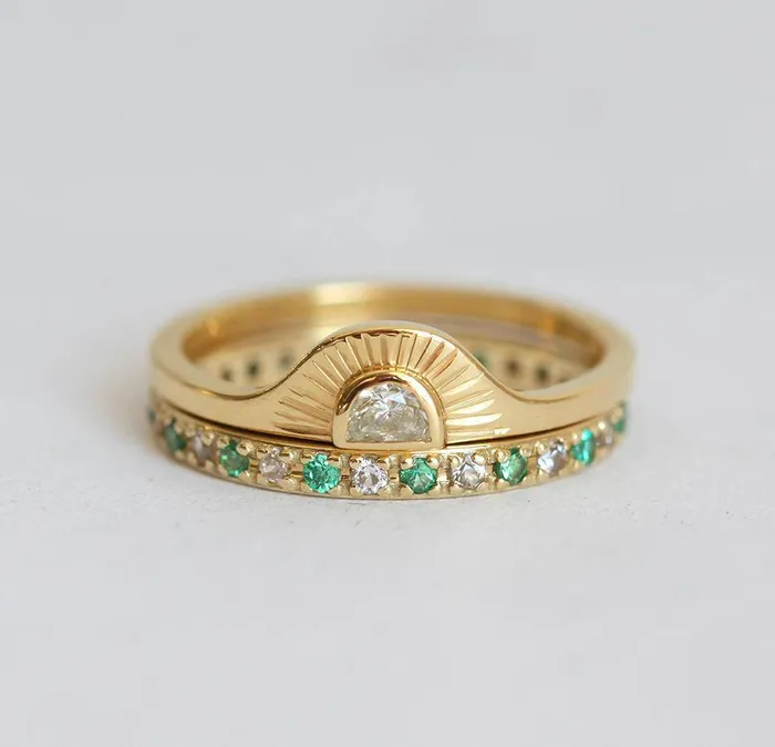 Capucinne Rings Sunrise Diamond Ring Set With Matching Diamond Eternity Band