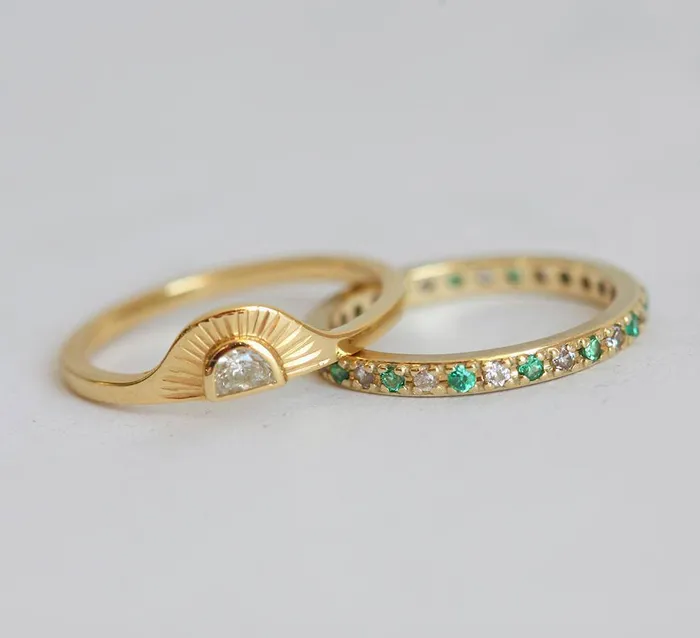 Capucinne Rings Sunrise Diamond Ring Set With Matching Diamond Eternity Band