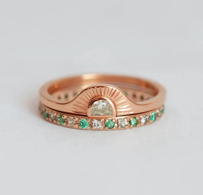 Capucinne Rings Sunrise Diamond Ring Set With Matching Diamond Eternity Band