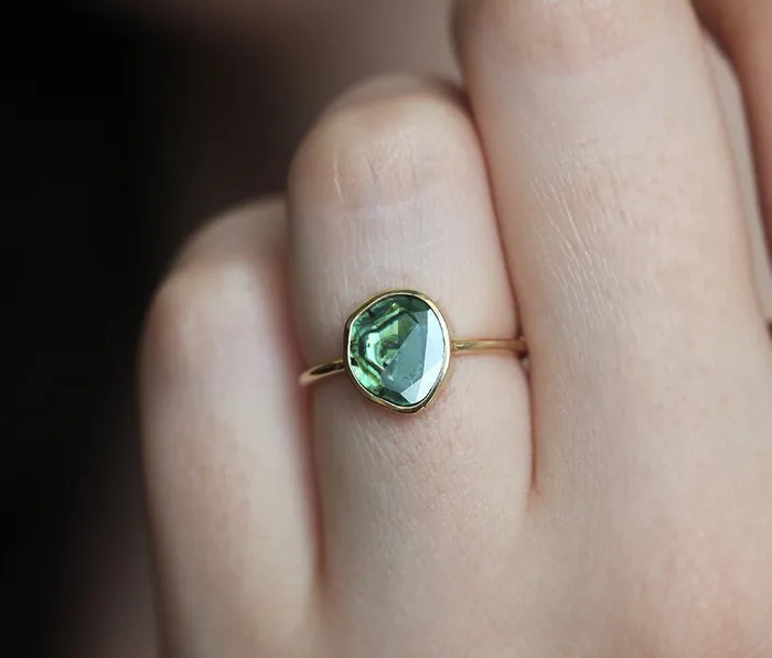 Capucinne Rings Teal Diamond Slice Ring 18K Yellow Gold Ooak Diamond Band