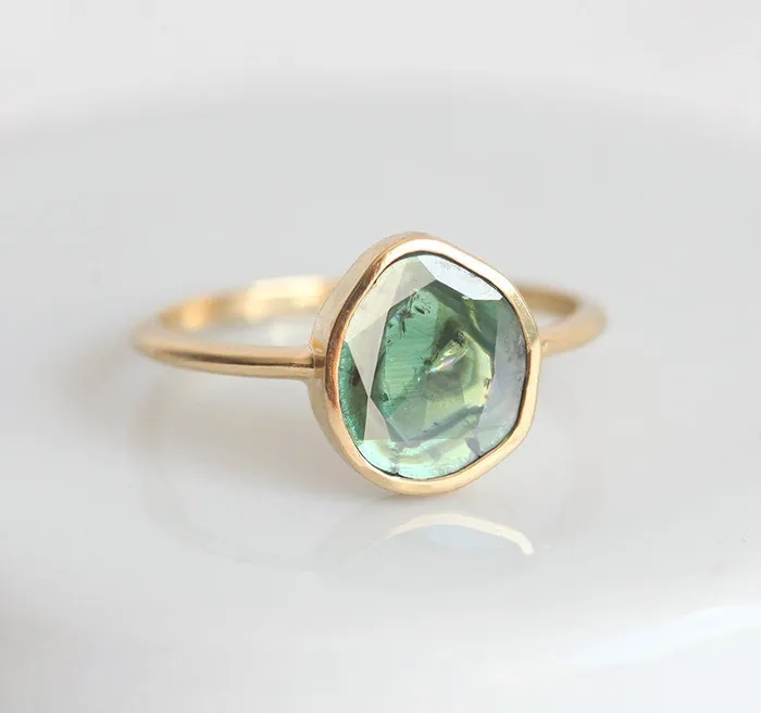 Capucinne Rings Teal Diamond Slice Ring 18K Yellow Gold Ooak Diamond Band