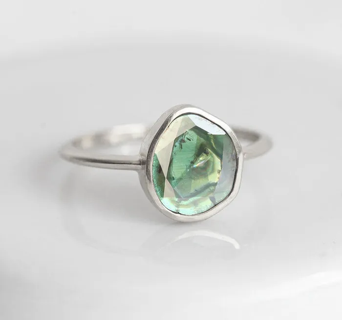 Capucinne Rings Teal Diamond Slice Ring 18K Yellow Gold Ooak Diamond Band