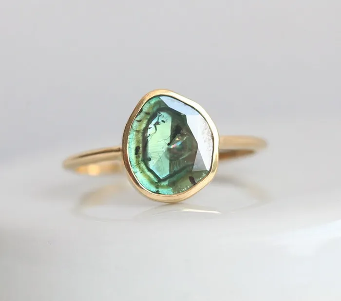 Capucinne Rings Teal Diamond Slice Ring 18K Yellow Gold Ooak Diamond Band