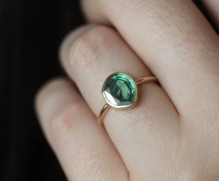 Capucinne Rings Teal Diamond Slice Ring 18K Yellow Gold Ooak Diamond Band
