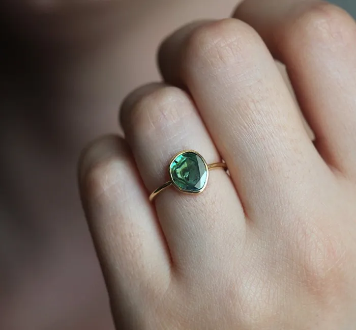 Capucinne Rings Teal Diamond Slice Ring 18K Yellow Gold Ooak Diamond Band