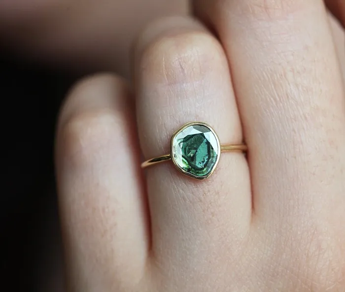 Capucinne Rings Teal Diamond Slice Ring 18K Yellow Gold Ooak Diamond Band