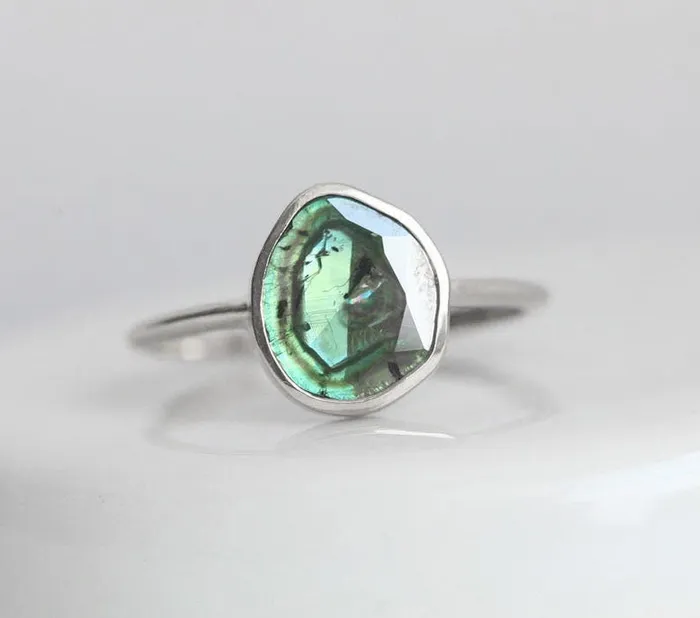 Capucinne Rings Teal Diamond Slice Ring 18K Yellow Gold Ooak Diamond Band