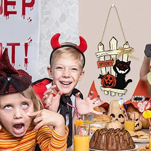 Dropshipped via Social Commerce Network Necklaces LOOM TREE Halloween Wreath Hanging Sign Halloween Party Decoration Pumpkin Cat 2