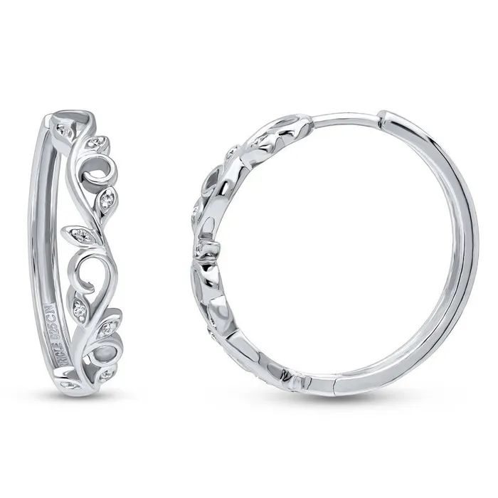 Earrings BERRICLE Leaf Filigree CZ Medium Hoop Earrings in Sterling Silver 098