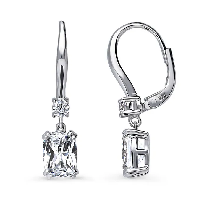 Earrings BERRICLE Solitaire 32ct Cushion CZ Leverback Earrings in Sterling Silver