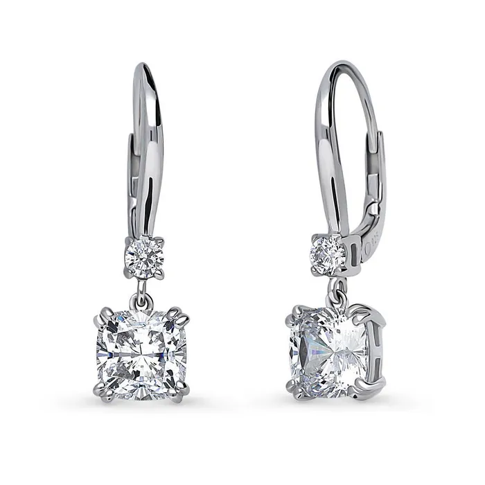 Earrings BERRICLE Solitaire 4ct Cushion CZ Leverback Earrings in Sterling Silver
