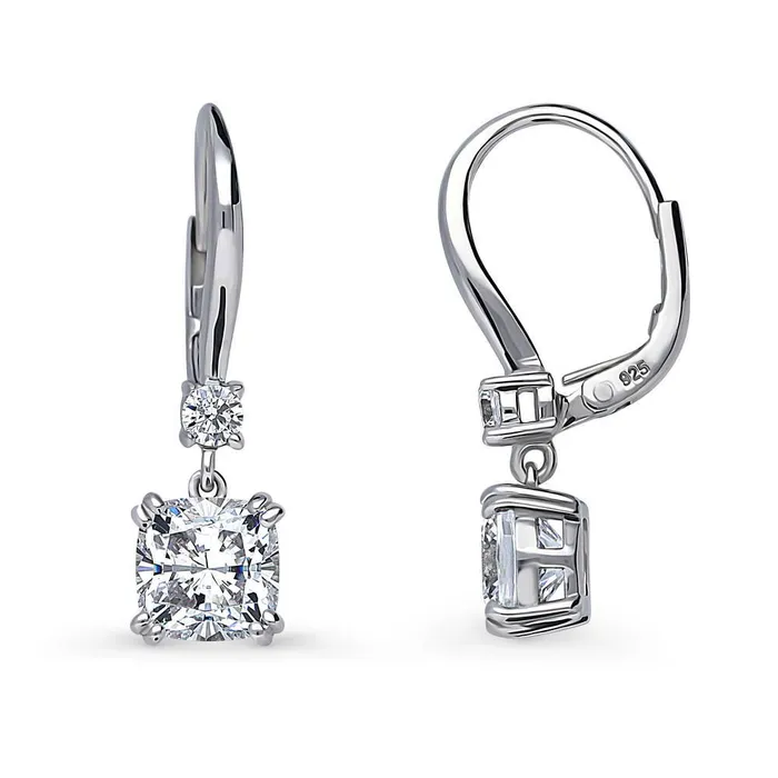 Earrings BERRICLE Solitaire 4ct Cushion CZ Leverback Earrings in Sterling Silver