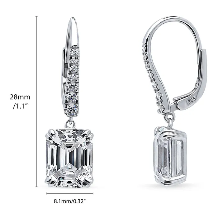 Earrings BERRICLE Solitaire Emerald Cut CZ Leverback Earrings in Sterling Silver