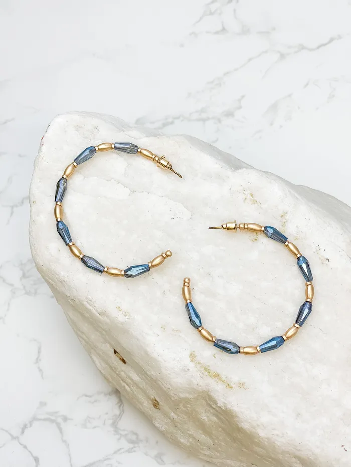Earrings Prep Obsessed CT Gold Beaded Skinny Hoop Earrings Navy