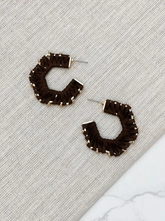 Earrings Prep Obsessed CT Studded Suede Hoop Earrings Brown