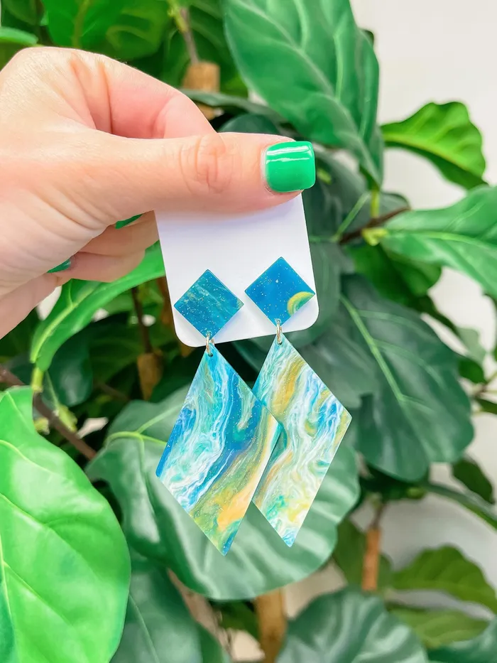 Earrings Prep Obsessed JJ Marbled Angular Geometric Dangle Earrings Blue